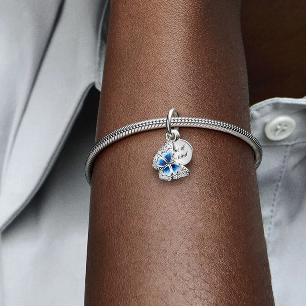 Pandora Blue Butterfly and Quote Double Dangle Charm, Spring Story Series, beaux bijoux romantiques pour femmes, cadeau exécutif