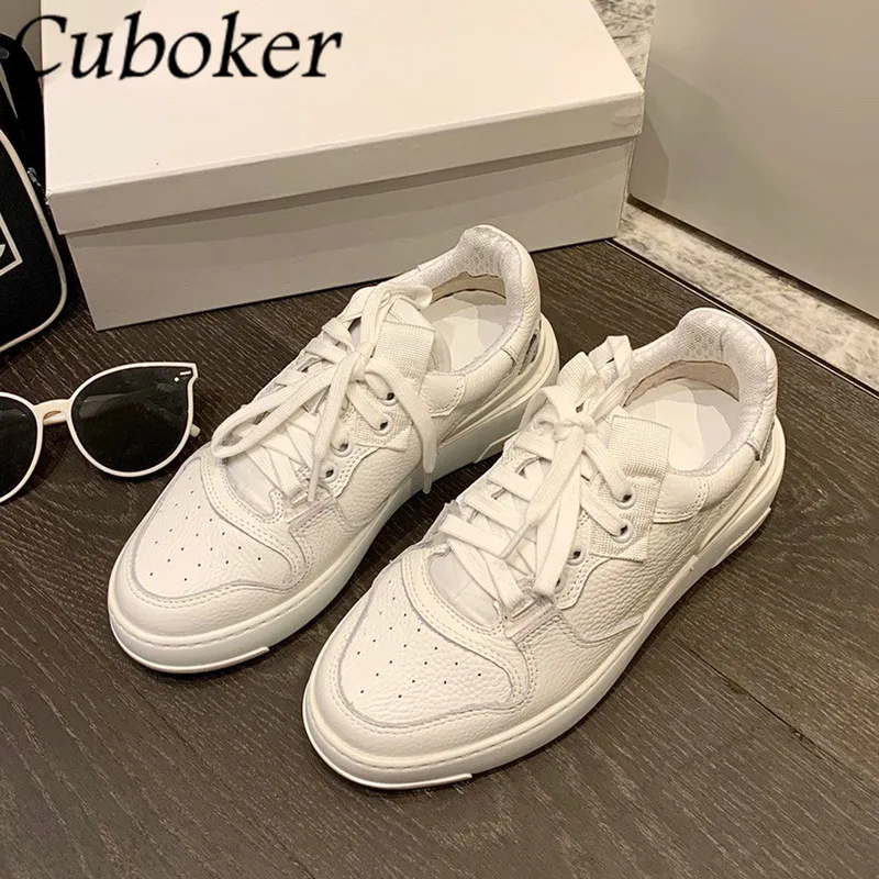 

Genuine Leather White Sneakers Woman Shoes Lace Up Round Toe Platform Shoes Spring 2021 Casual Flat Designer Shoes Zapatos Mujer