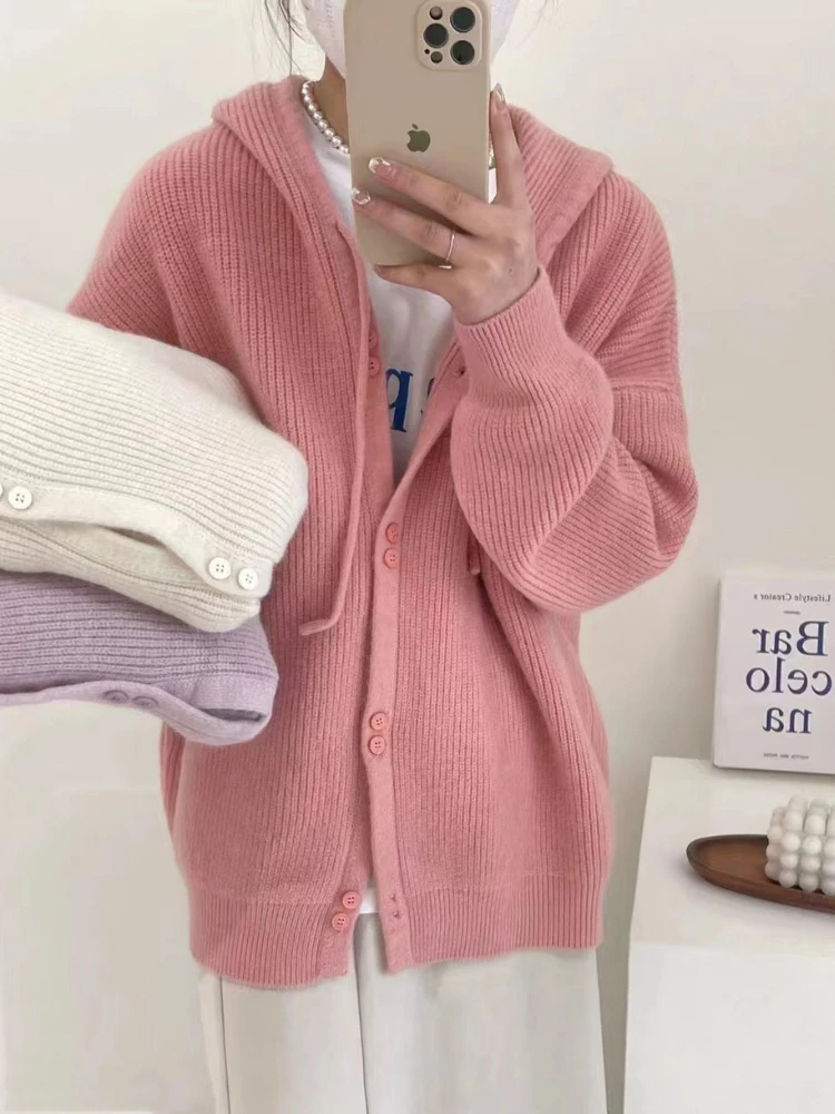 

Autumn Winter 2022 New Korean Version Loose Candy Colorlong Sleeves Coats Women Cardigan Office Lady Hooded Knitted Cardigan