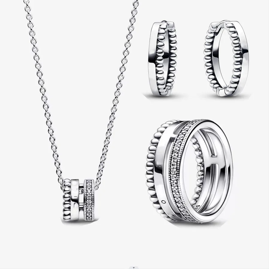 

2022 New 925 Sterling Silver Signature Logo Pavé & Beads Ring Necklace Earrings 1SET For Women Luxury Fashion Trendy Jewelry