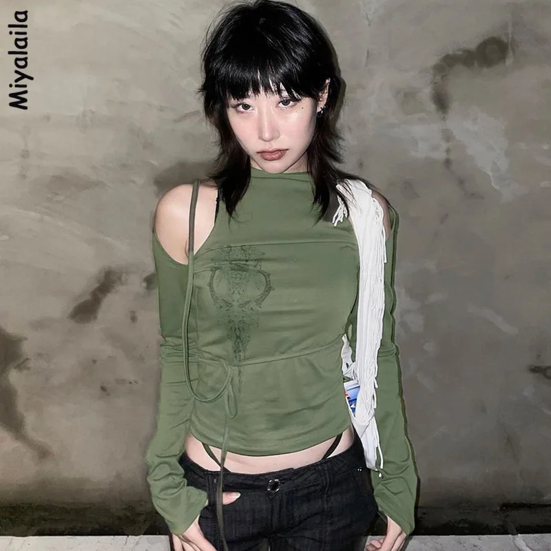 

Miyalaila Y2k Aesthetic Graphic T Shirts Women Full Sleeves Off Shoulder Top Pullover Goth Tshirts Harajuku Vintage Streetwear