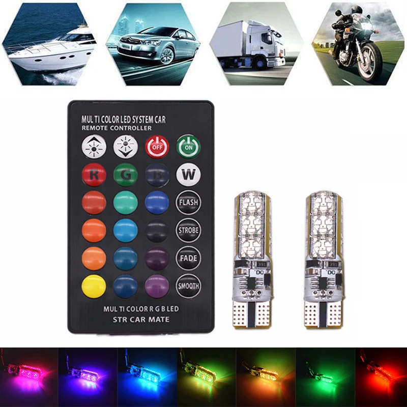 

2 шт., Автомобильные светодиодные лампы T10 W5W 5050 RGB