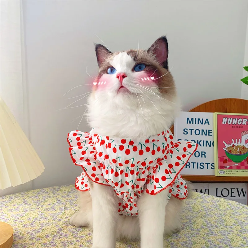 

Костюм для домашнего питомца с принтом вишни наряд с принтом для костюма рубашка одежда для кошек платье для кошек вишня котенок маленькая кошка собаки летняя одежда