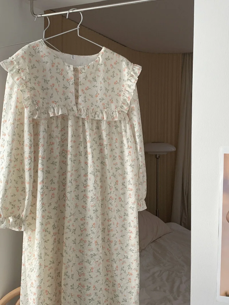 New Korean Spring Autumn Nightgown Women Loose Long Sleeve Dress Female Sweet Floral Cotton Housewear Nightshirt Outside Wear