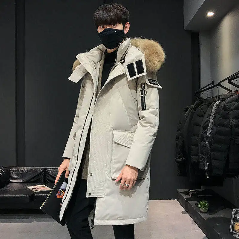 Winter thickened knee-length down jacket for young men's mid-length fashion handsome fur collar goose men's Parker coat