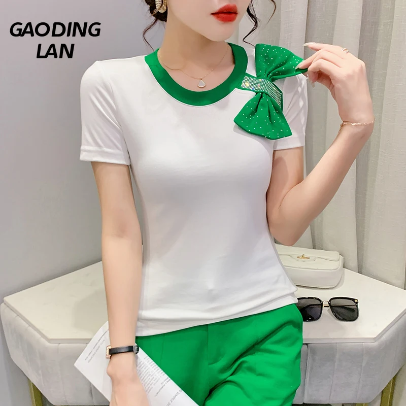 

Футболка женская с круглым вырезом и коротким рукавом, облегающий топ в Корейском стиле, универсальная рубашка с контрастными стразами и ба...