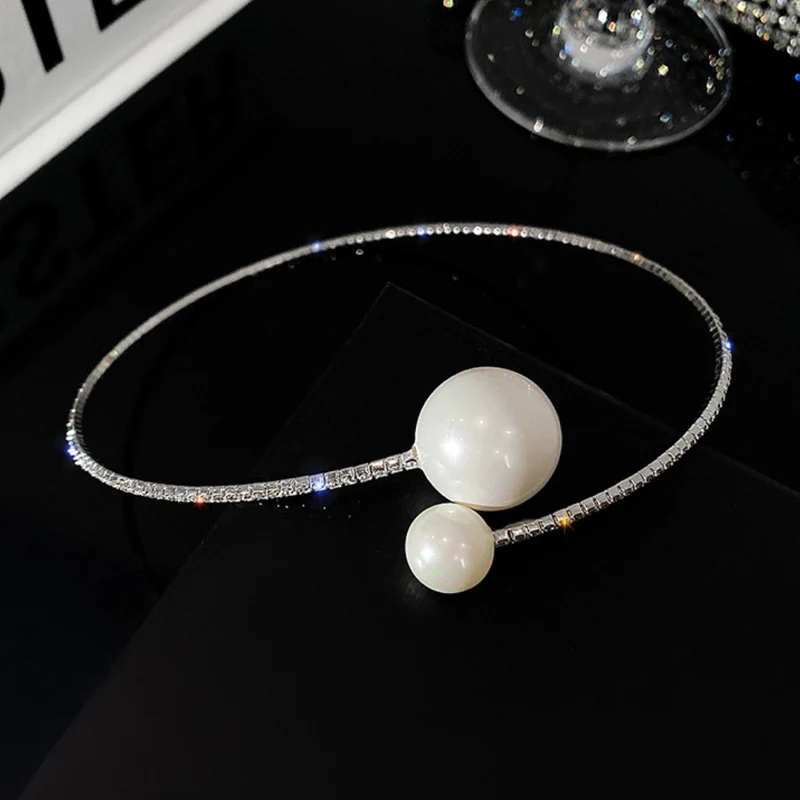 

New Simple Crystal Imitation Pearl Open Collar Famale Elegant Personality Shiny Rhinestone Choker Luxury Jewelry for Women Girls