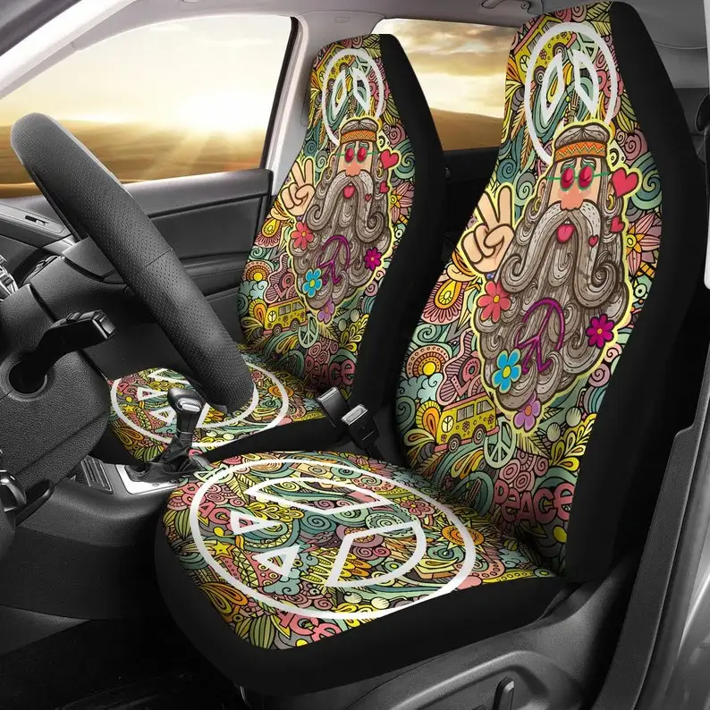 

Love Peace 2 Front Seat Covers Car Seat Covers Pair Seat Cover for Car Car Seat Protector Hippie Handmade Front Back Car