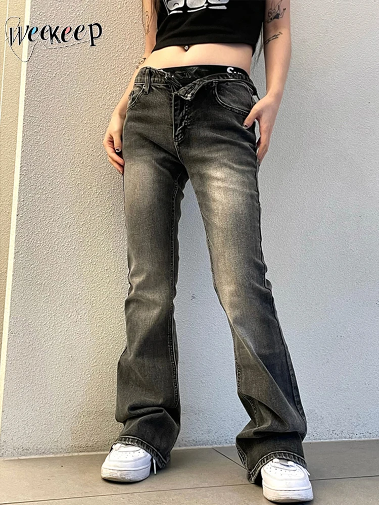 

Weekeep y2k Distressed Jeans Vintage Low Rise Button Fly Denim Cargo Pants Women Casual Streetwear Retro Micro Flared Trousers