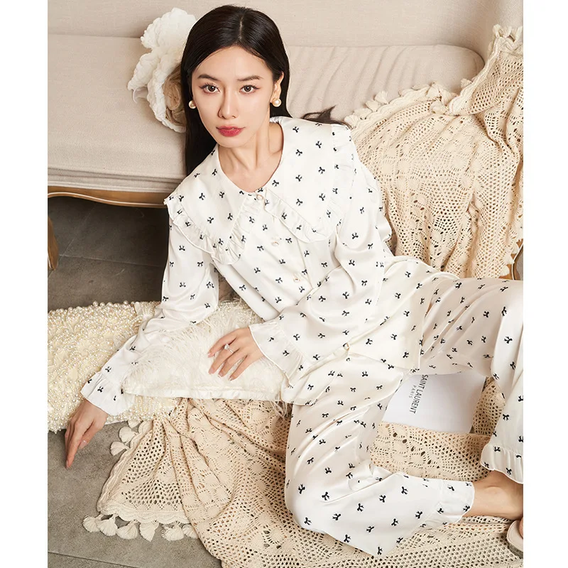 2023 New Arrival Spring and Autumn Lotus Leaf Collar Small Bowknot Ice Silk Pajamas Women's Long-Sleeved French Style Outerwear