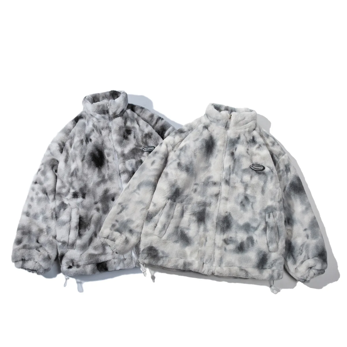 Tide brand winter tie-dye rabbit plush jacket men's and women's cotton-padded jacket couples outfit hip-hop loose ins tide