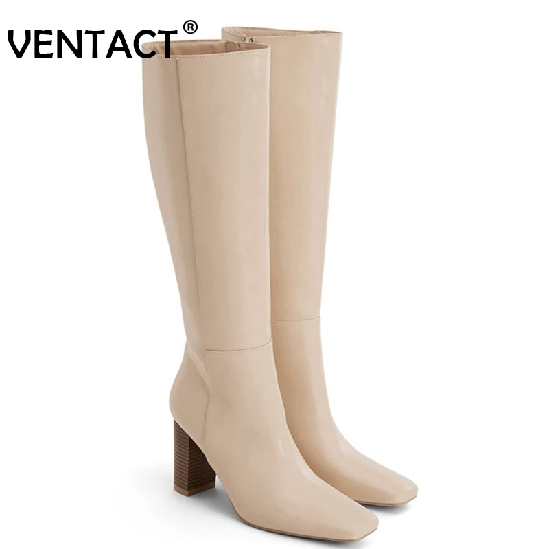 

VENTACT 2022 Women Knee High Boots Fashion Chunky High Heels Winter Warm Long Boot Office Lady Female Footwear Size 35-39