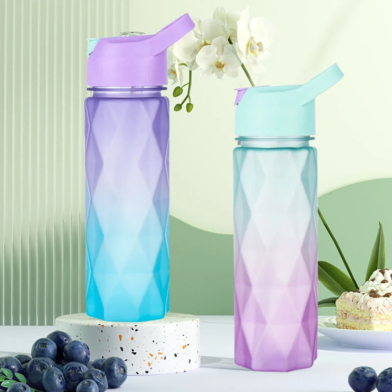 

600ml Water Bottle Space Cup Octagonal Angular Gradient with Straw Cup Outdoor Leakproof Sports Kettle Portable Drinking Cup