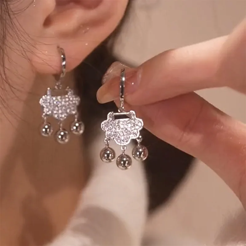 

Peace Lock Dangle Earrings for Women Charm Trendy Jewelry Retro National Zircon Bell Earwear Korean Fashion Sliver Ear Ring
