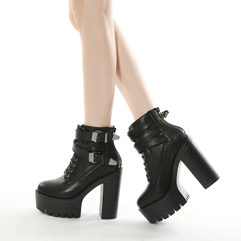 

PRETO BRANCO 13cm Heels New Bandage Thick Bottom Waterproof Platform Women's Shoes Thick High Heels Short Boots Lhx