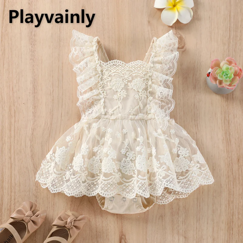 

Summer Baby Girl Bodysuit Bow Open Back Square Collar Sleeveless Flower Lace Patchwork Dress Jumpsuit Children Clothing E22098
