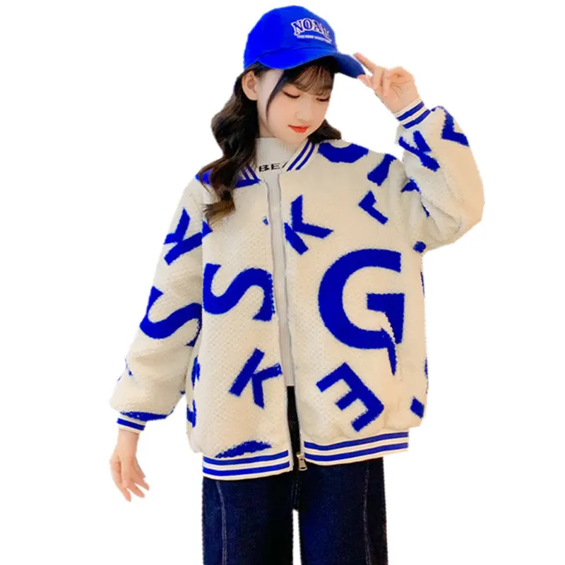 

Teen Girls Winter Warm Thicken Woolen Jackets Fashion Casual Letter Print Korean Clothes for Kids Faux Fur Coat 6 8 10 12 14Year