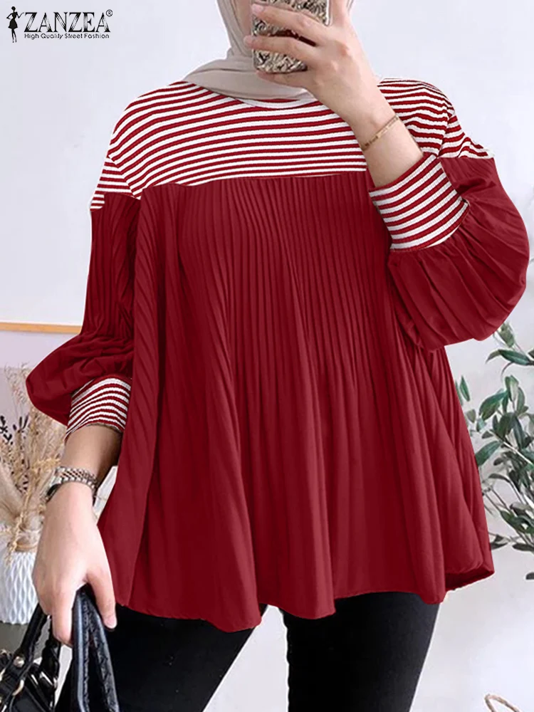 2024 ZANZEA модная женская мусульманская полосатая блузка с длинным рукавом осенняя