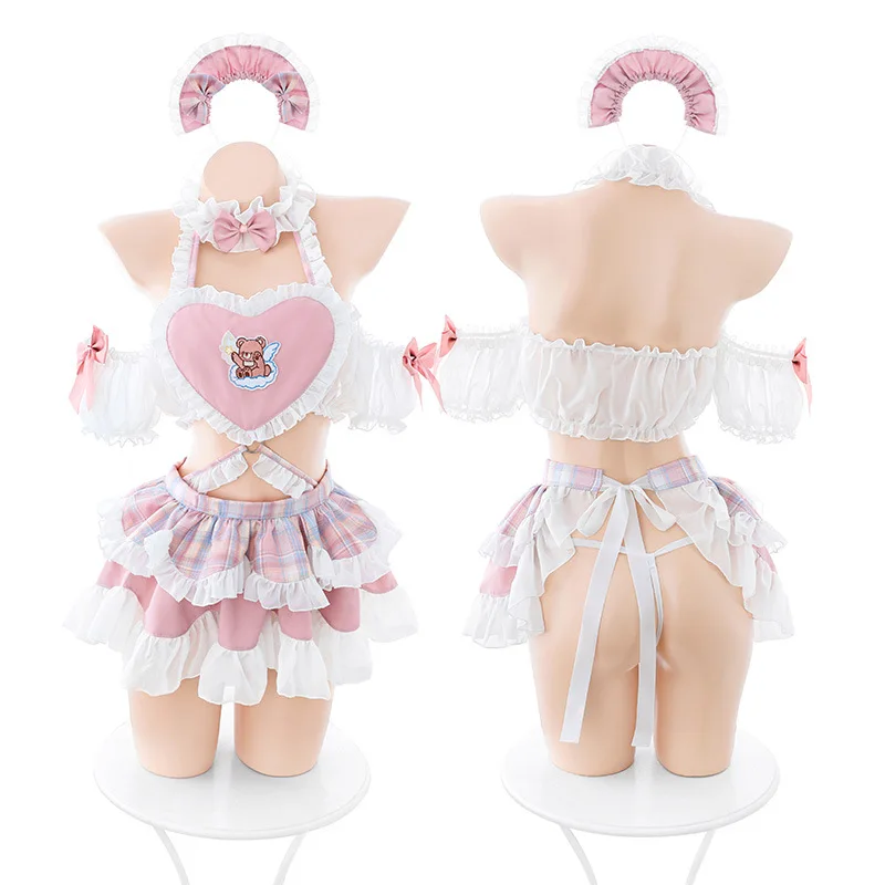

Dropship Candy Girl Sweet Cake Maid Uniform Lolita Anime Princess Bowknot Halter Love Ruffle Aporn Outfit Sleepwear Lingerie Set