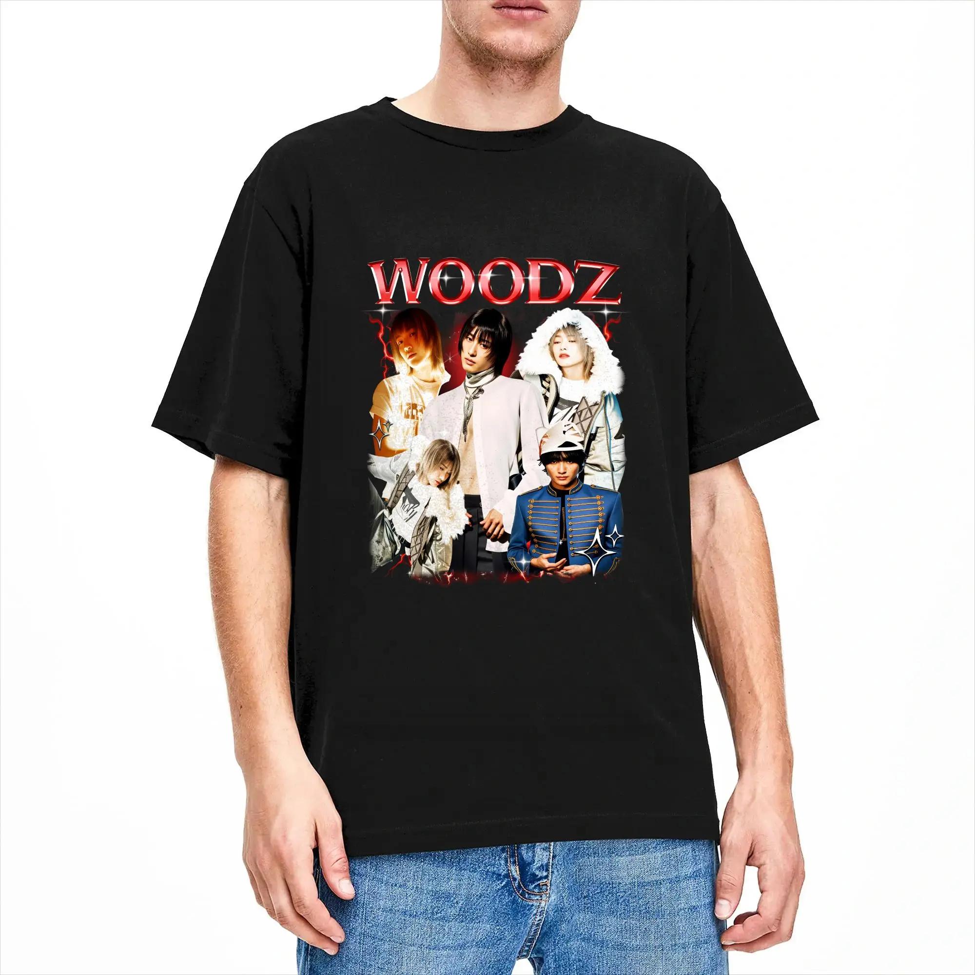 Фото Футболки WOODZ World Tour для мужчин, модная хлопковая футболка с круглым воротником и короткими рукавами, одежда больших размеров №2