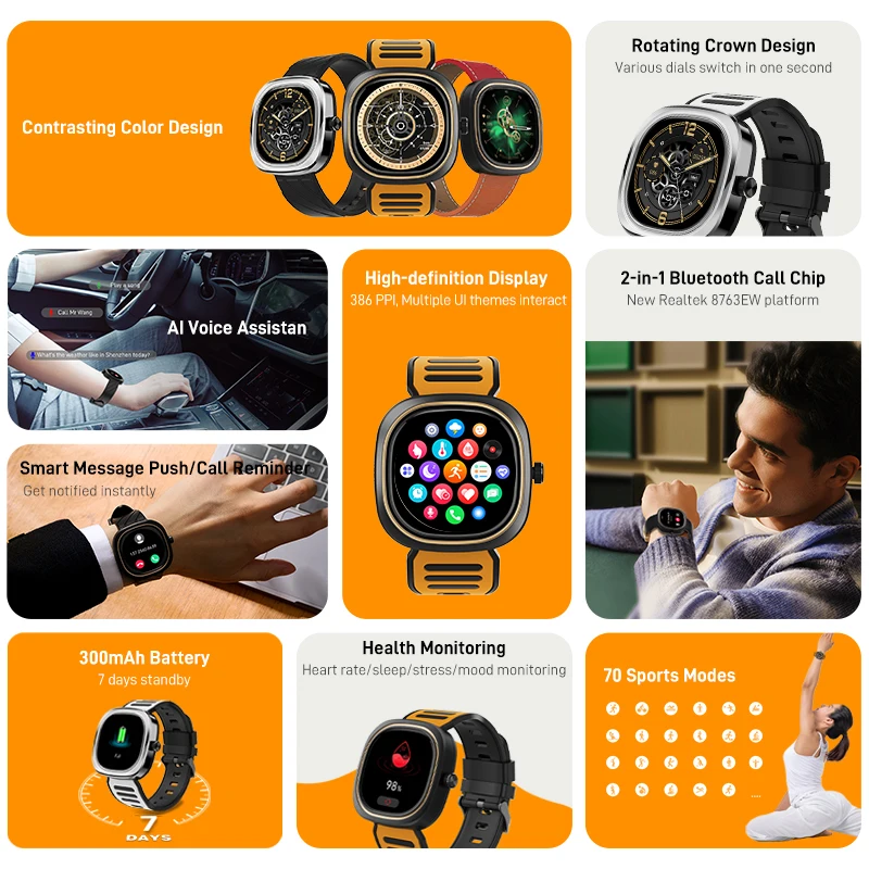 DOOGEE D11 Smartwatch IP68 Waterproof Bluetooth  Real-time Heart Rate 70 Sport Modes 300mAh Battery For Android iOS Mobile Phone