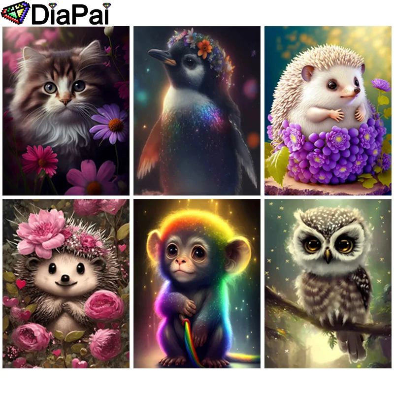 

DIAPAI 5D Diamond Pattern Rhinestone Needlework Diy Diamond Painting Cross Stitch "Animal Cat Owl Hedgehog" Diamond Embroidery
