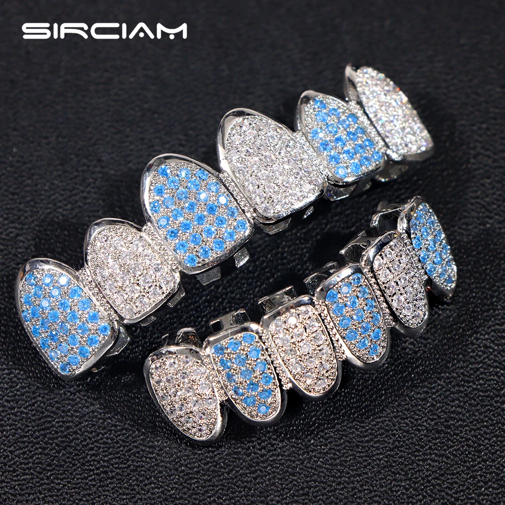 Iced Out Bling Full Zircon Blue Teeth Grillz Caps For Unisex Cubic Zircon Micro Pave Top&Bottom Grills Set Party Hip Hop Jewelry