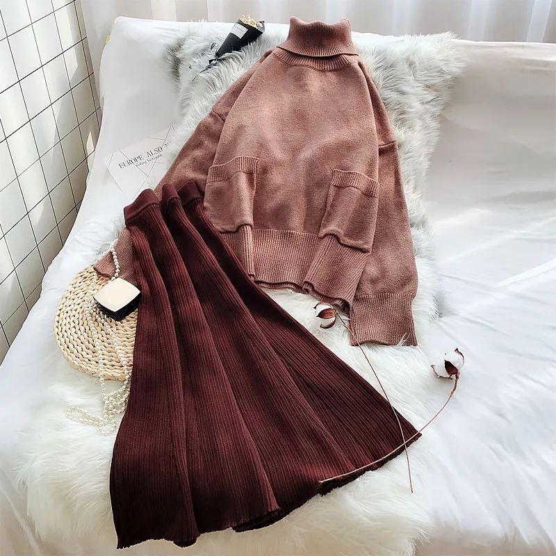 Winter New 2022 Women 2 Pieces Skirts Sets Turtleneck Knitted Sweater and A-line Loose Skirts Lady Female Thicken Warm Dress Set