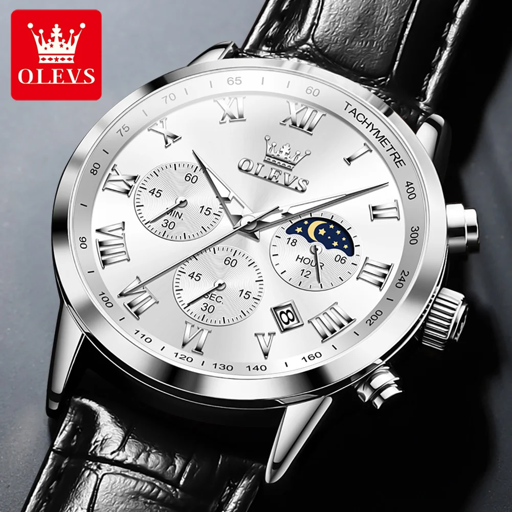 Мужские водонепроницаемые кварцевые часы с хронографом и кожаным ремешком