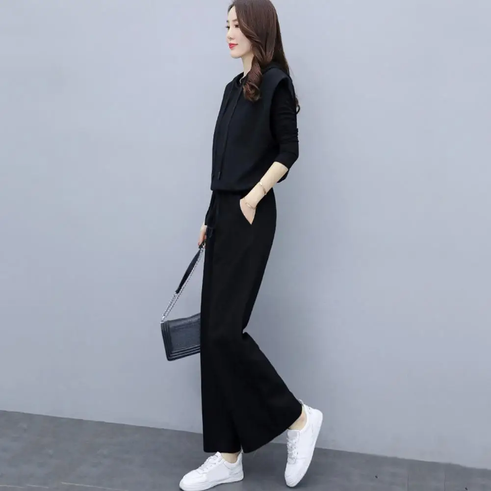 

Autumn Winter Suit Stylish Women's Three-piece Set Black Hooded Vest Coat Elastic Waist Wide Leg Pants for Office for All