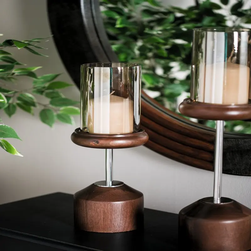 Traditional 17 x 5 inch wood, stainless steel and glass candle holder