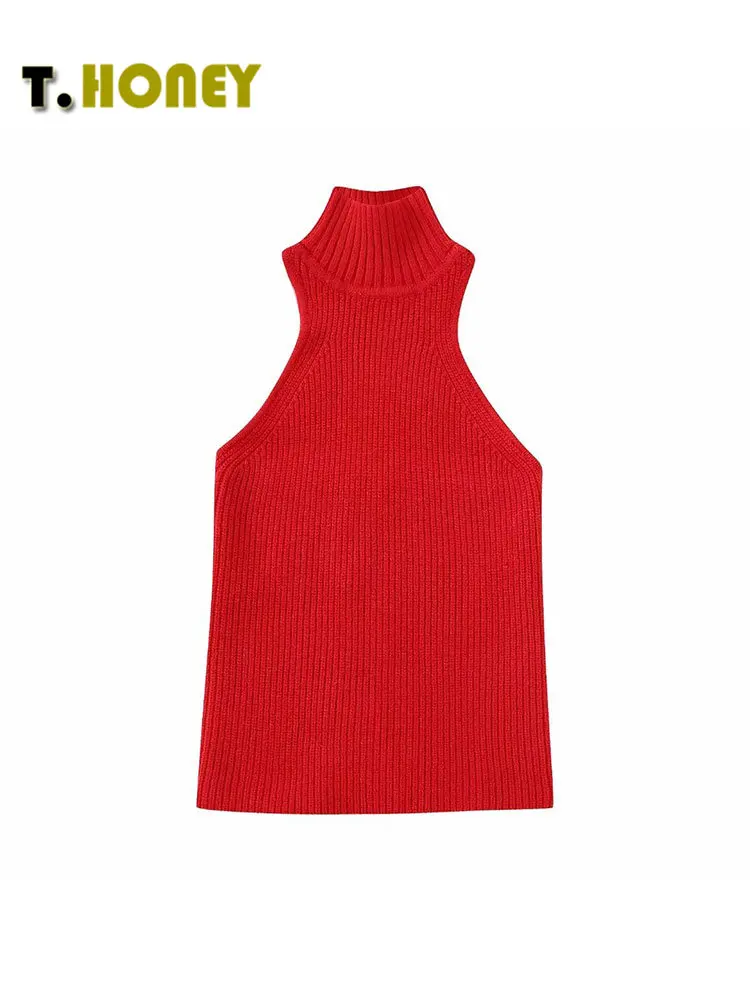 

TELLHONEY Women Fashion Halter Neck Knitted Sweater Top Female Sexy Party Sleeveless Backless Solid Color Slim Fitting Waistcoat