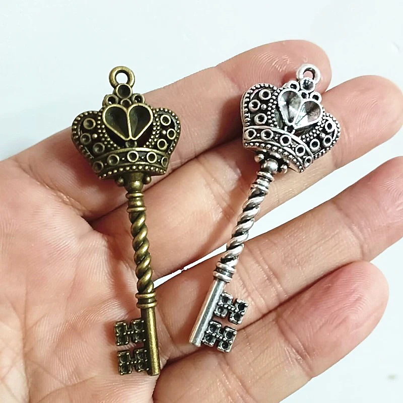 14Pcs 20*61MM Antique Silver Plated Bronze Color Crown Key Charms Pendant Handmade DIY Jewelry Accessories