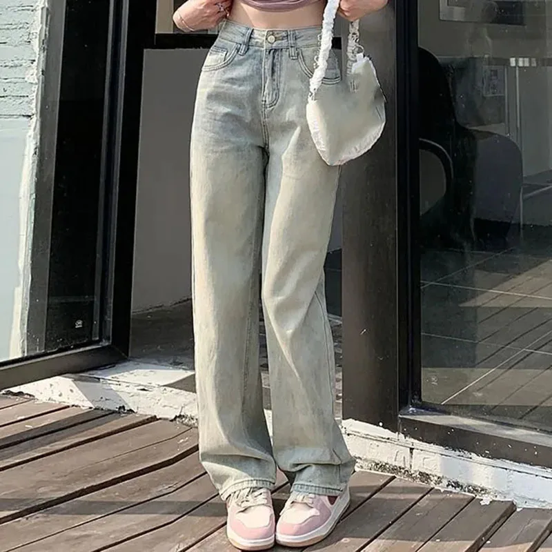 Корейские женские драпированные напольные брюки с завышенной талией джинсы