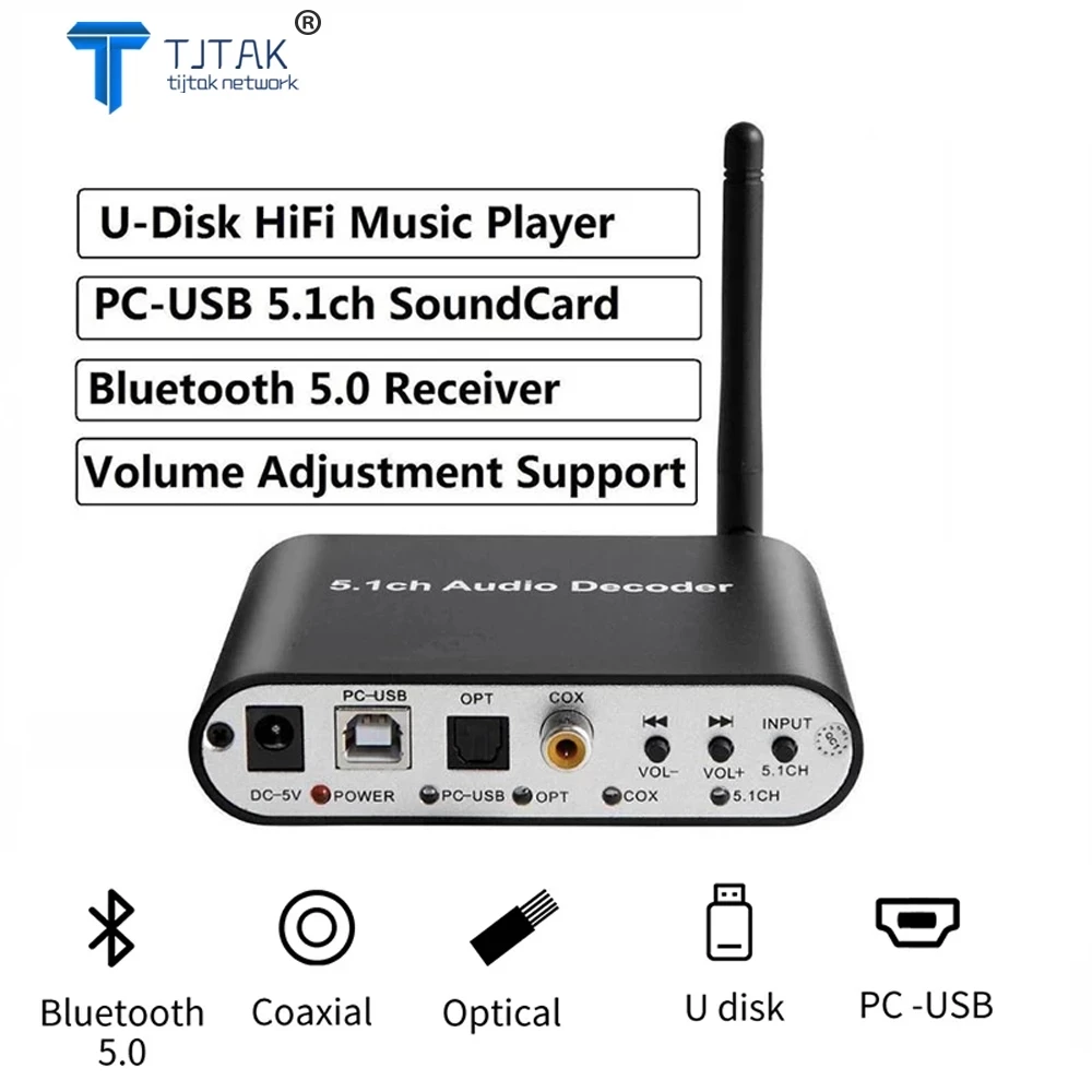 

2021 New 5.1CH Audio Decoder Bluetooth 5.0 Reciever DAC Wireless Audio Adapter Optical Coaxial U play PC-USB DAC DTS Upgrade