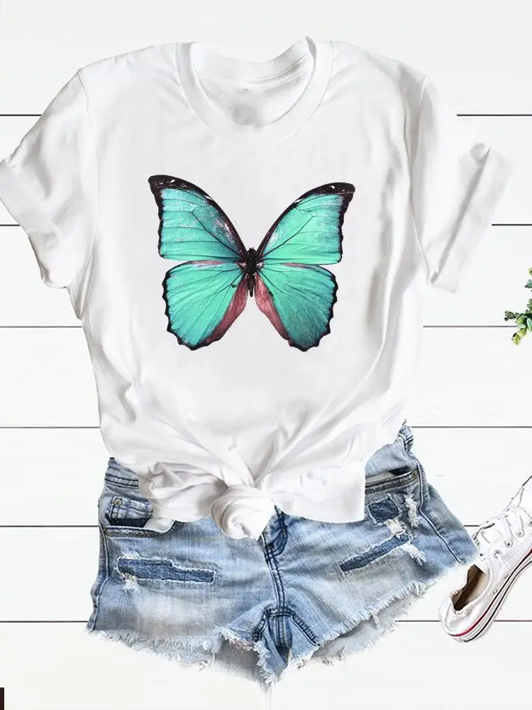 

Butterfly Lovely Style Cute Women Short Sleeve Summer Spring Print Tshirt Tee Top Fashion Graphic T-shirts Printing Clothing