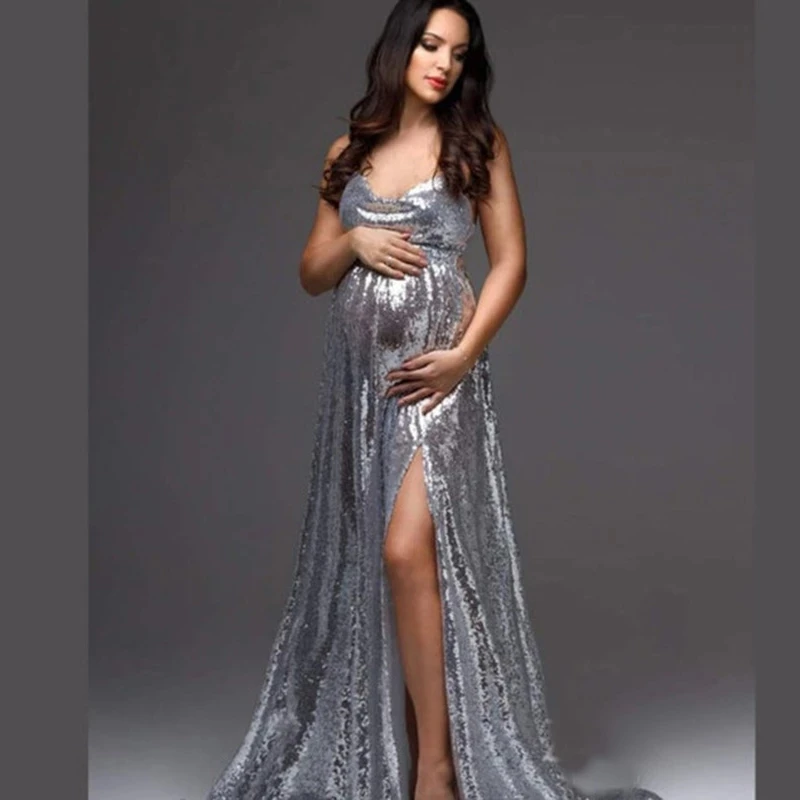 

Sexy Silver Reflective Long Dress for Maternity Mermaid Backless Sling Dress Deep V-neck Pregnancy Photography Baby Shower Dress