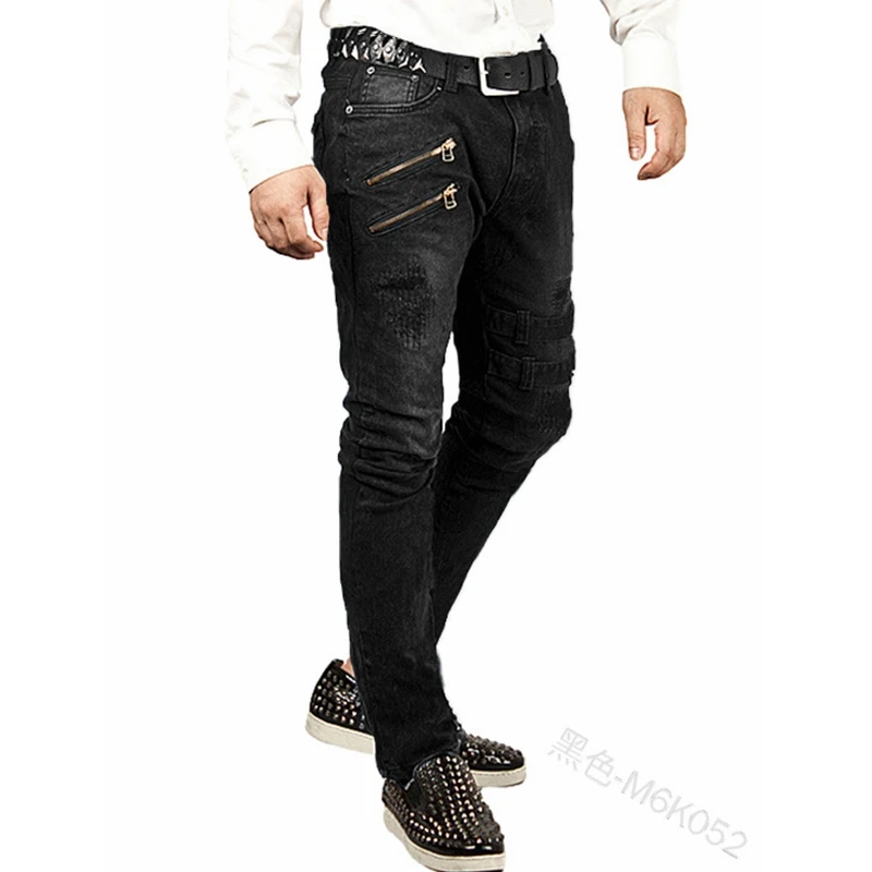 Streetwear Vintage Jeans Men's Jeans Summer Slim-Fit Zipper Ripped Jeans Men's Casual Low Waist Button Denim Straight-Leg Pants