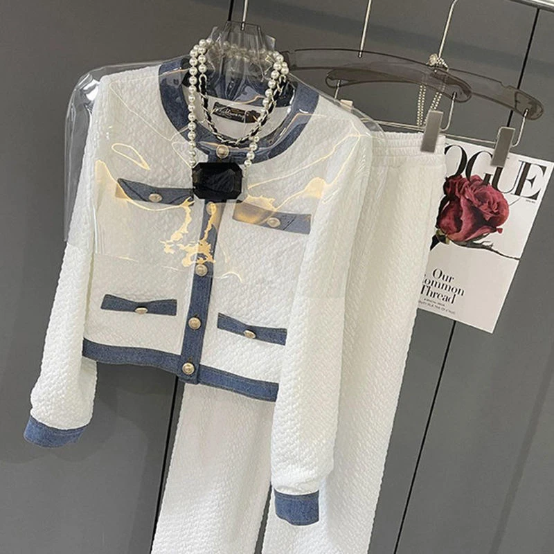 

2022 New Autumn Korean Color Block Round Neck Double Pocket Cardigan Top + Loose Wide Leg Pants Two-Piece Pants Set Women E198