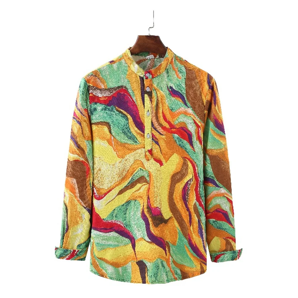 26 Colors Men's Stand Collar T-shirt New Cotton Linen Style Long-Sleeved Shirt Ethnic Print Blouse S-2XL