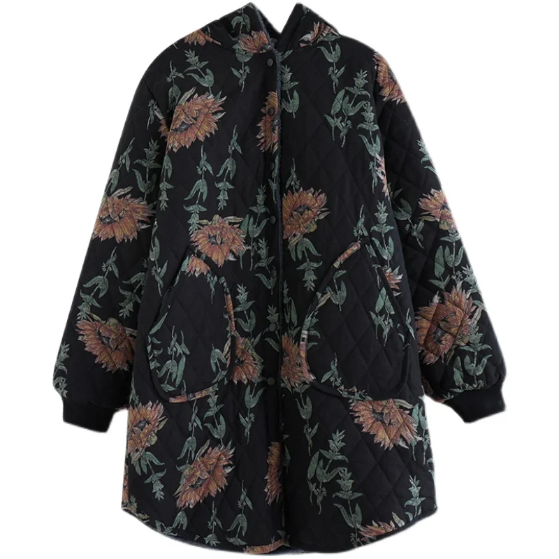 Balonimo Thick Cotton Coat Women's Mid-length Winter Velvet Hooded Plaid Warm Coats Casual Single Breasted Jacket Female Outwear
