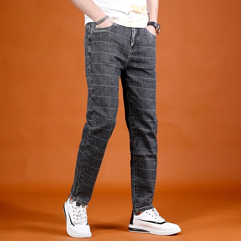 Summer Plaid Pants Men Jeans Fashion Casual Regular Straight Dark Gray Cotton Denim Trousers