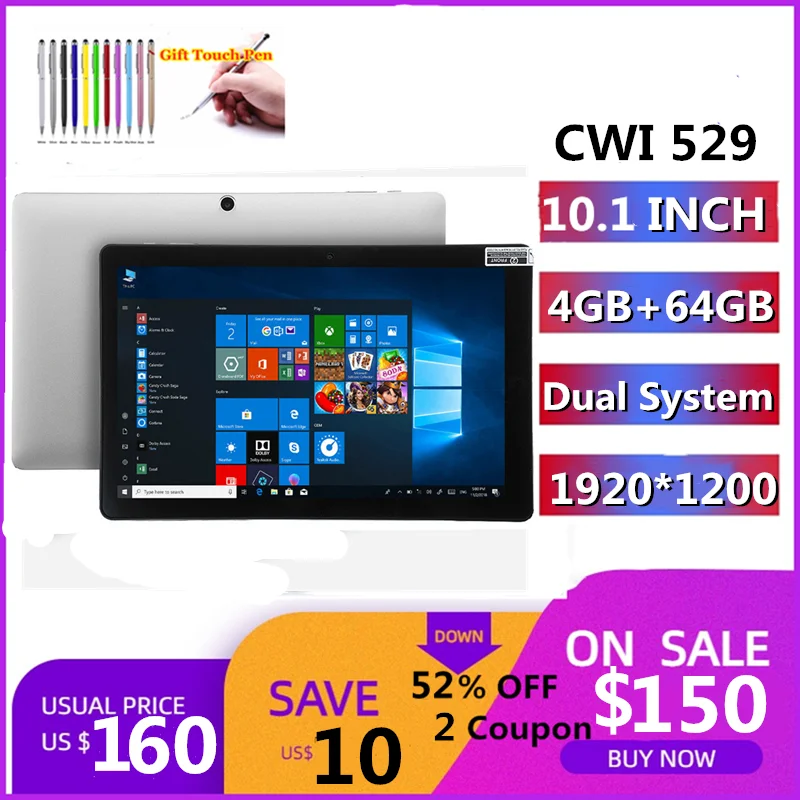 

CWI529 Tablet PC 10.1 INCH 4GBDDR+64GB Windows 10 and Andorid 5.1 Hot Sale Dual System Z8350 CPU 1920 x 1200 IPS HDMI-Compatible