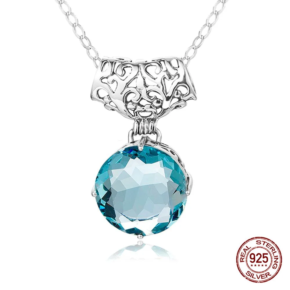 

Real 925 Sterling Silver Women Pendants Necklace Round Aquamarine Necklaces Trendy Anniversary Gift Dating Party Fine Jewelry