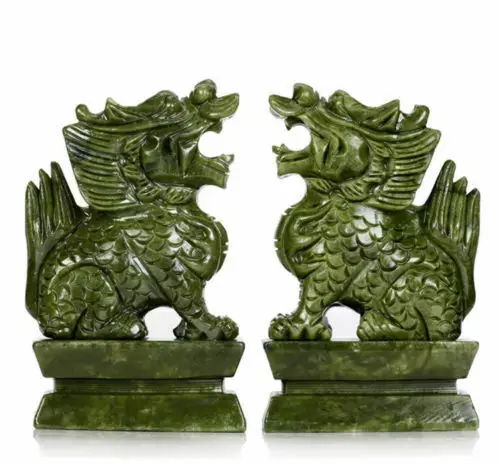 

A Pair 100% Natural China Green Jade Carved Fengshui Kylin Qilin Chi-lin Beast