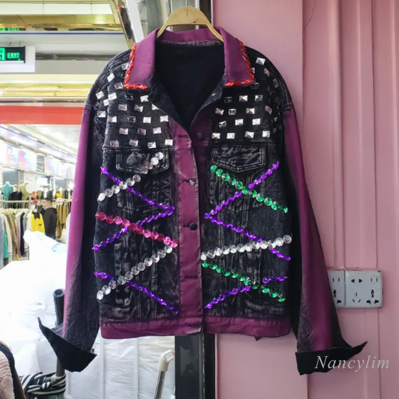 Y2K Denim Jacket for Women 2023 Spring and Autumn New Street Fashion Print Denim Coat Heavy Industry Beads Workwear Tops