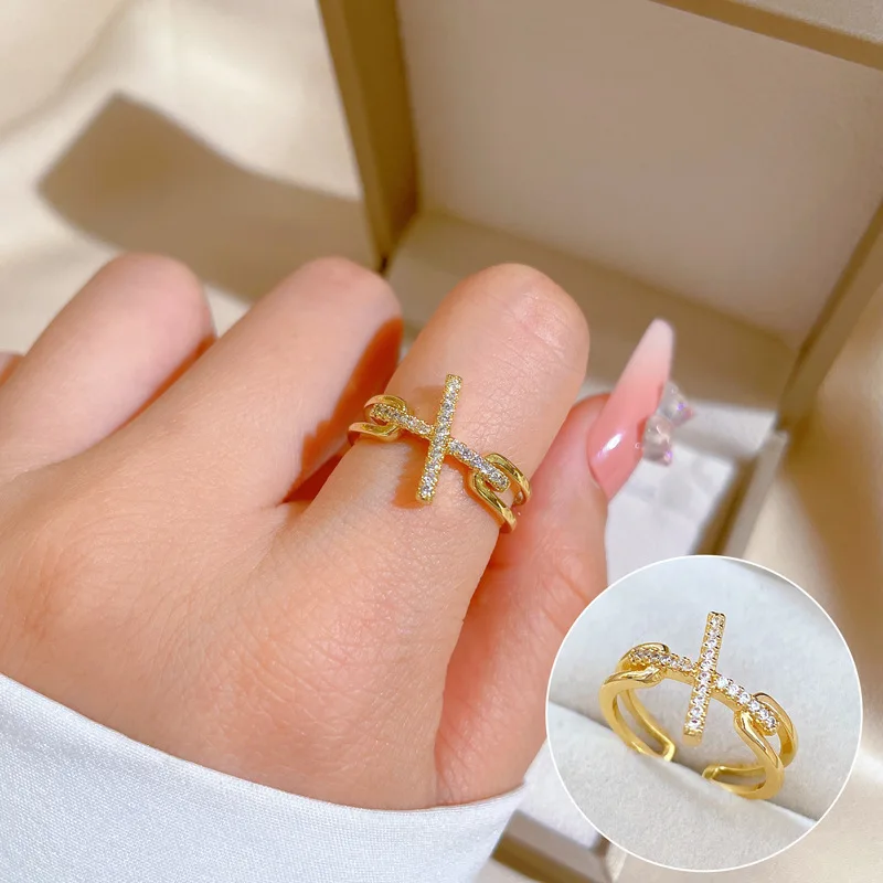 

CHAIRYEE Lucky Shiny Opening Zircon Cross Rings For Women Gold Color 14K Real Gold Plated Luxury Wedding Ring Jewelry Gift Bague