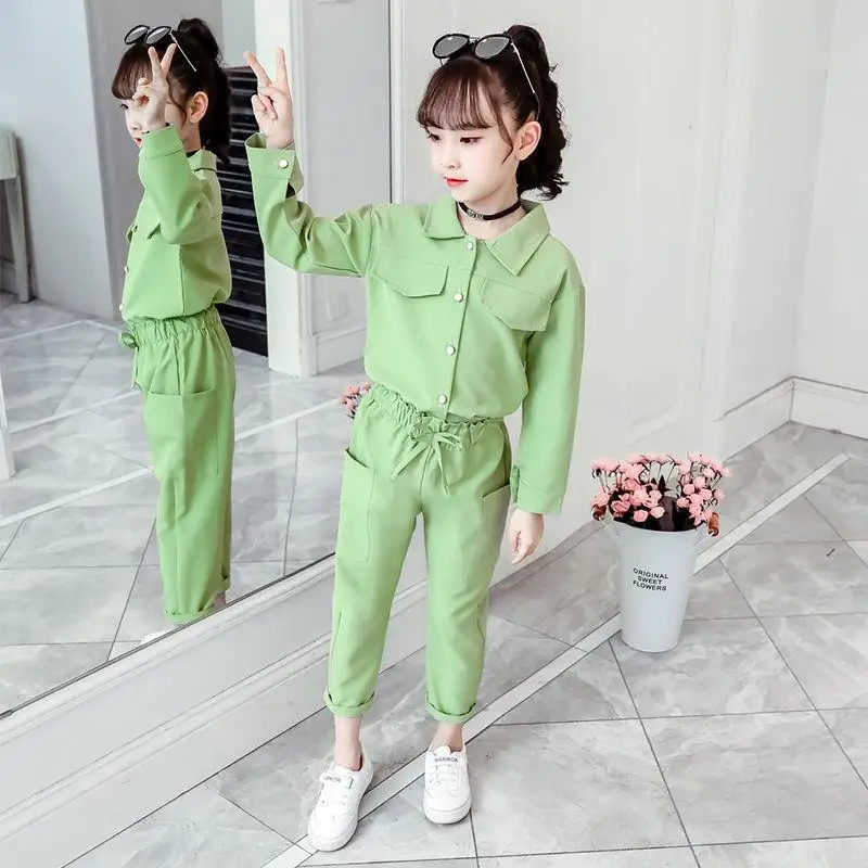 Children's Suits Spring Autumn Wear Girls Long Sleeved Tops + Trousers Kids 2 Suits Sport Sets Solid Color 7 8 9 10 11 12 Years enlarge