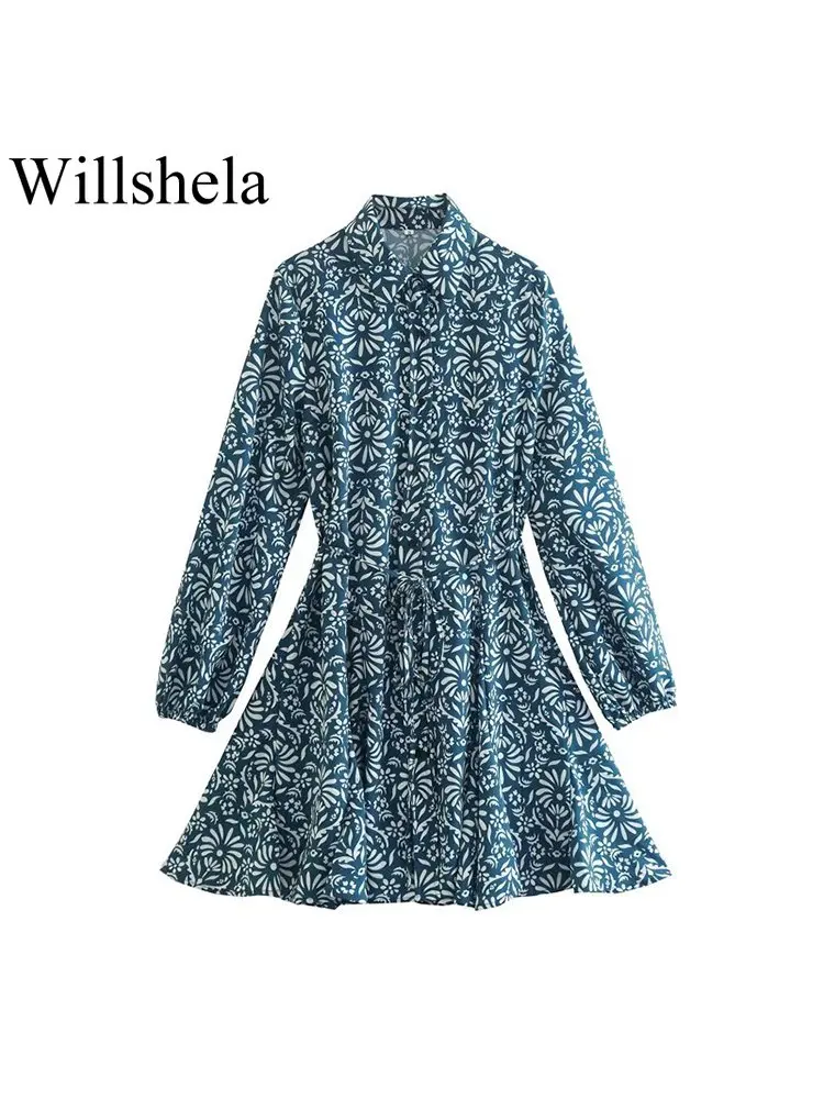 

Willshela Women Fashion Printed Mini Shirt Dress Lace Up Vintage Single Breasted Lapel Neck Long Sleeve Female Chic Dresses