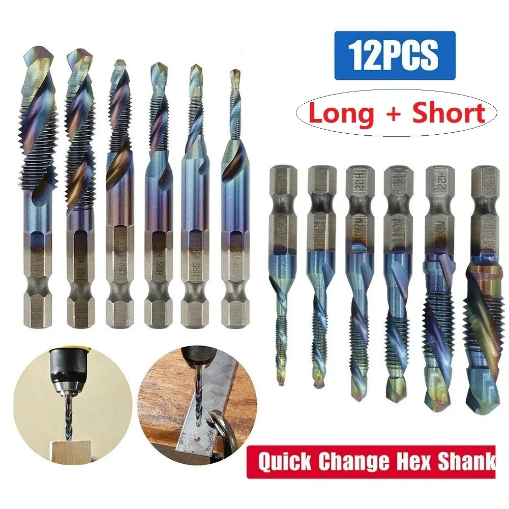 

12pcs M3-M10 Composite 1/4 Hex Shank HSS Metric Screw Thread Blue Tap Drill Bits Set For Wood Plastic Aluminum Tin Alloy